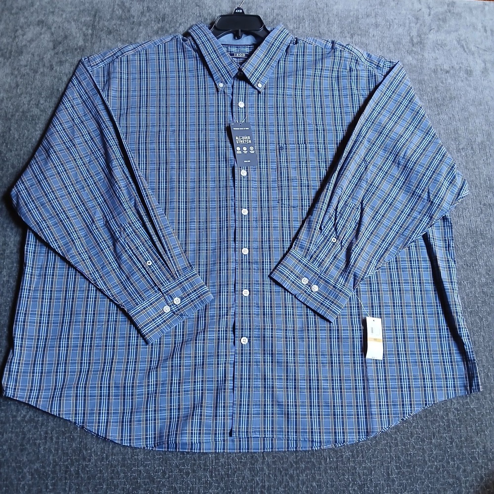 IZOD Mens 4XB Plaid Performance Stretch Long Sleeve Button Down Shirt True Navy
